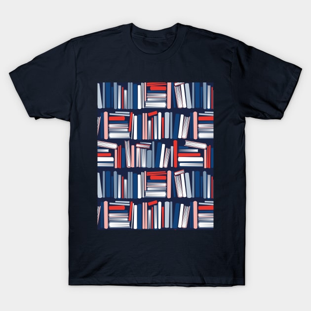 Colourful books // oxford navy blue bookshelf background neon red flesh coral white classic and pastel blue books T-Shirt by SelmaCardoso
